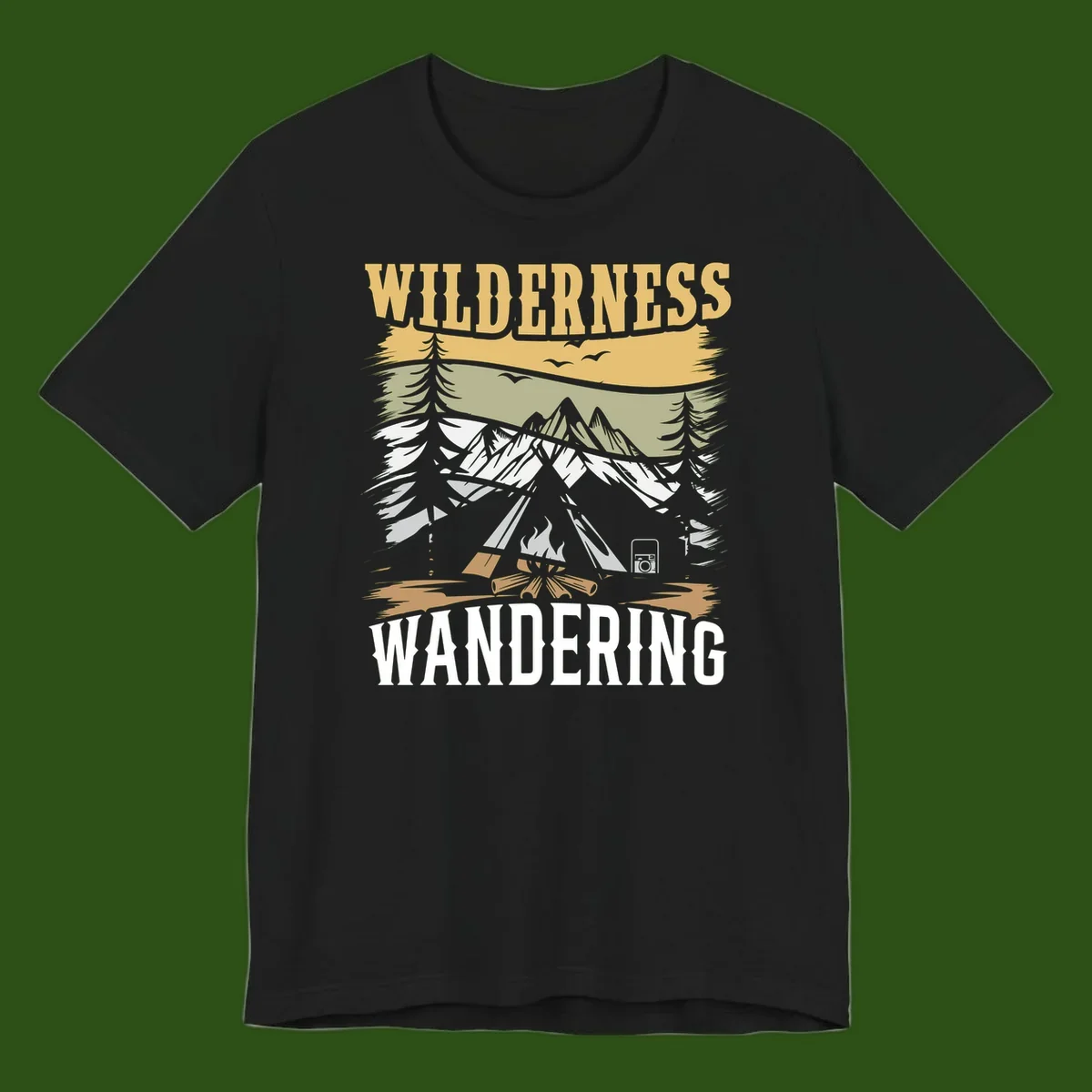 Vintage wilderness wandering design featuring snow mountains, tent, campfire, and evergreen trees with layered landscape bands