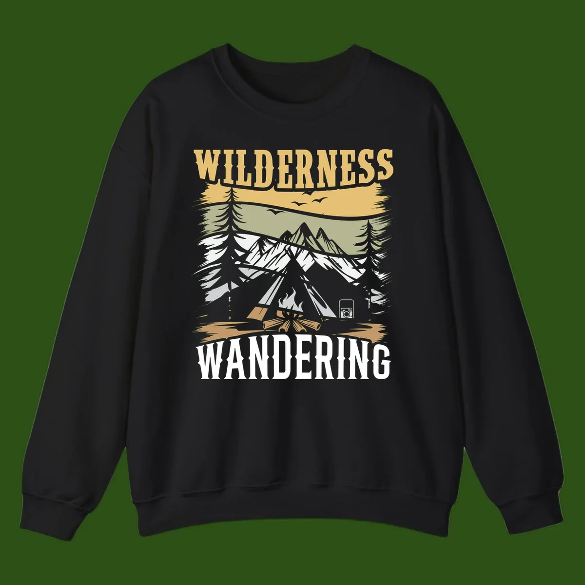 Vintage wilderness wandering design featuring snow mountains, tent, campfire, and evergreen trees with layered landscape bands