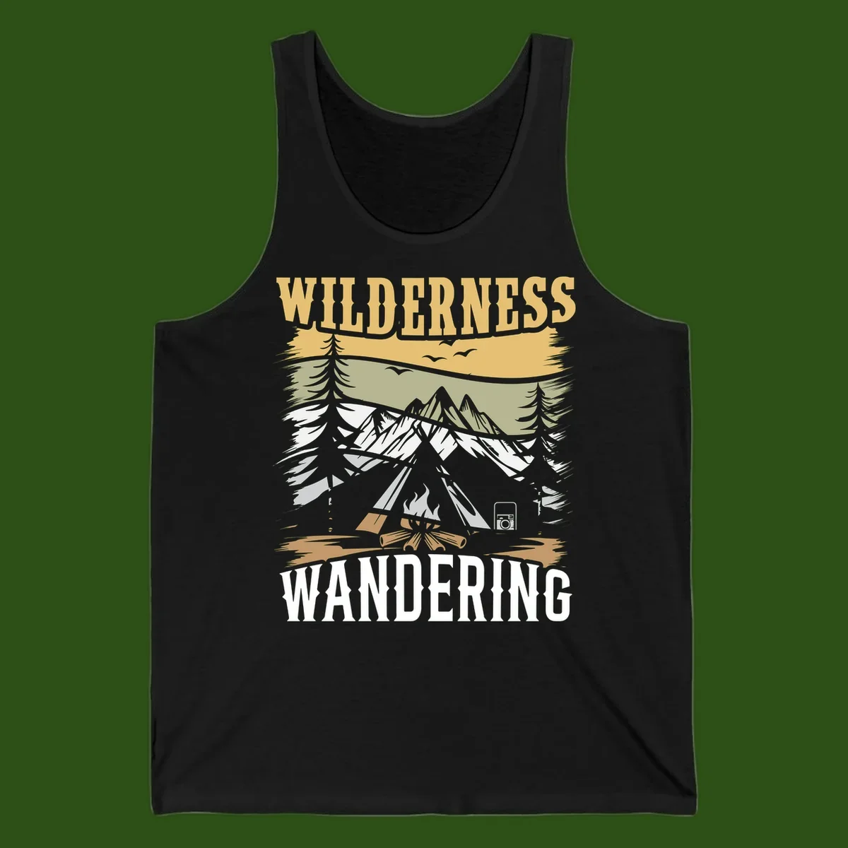 Vintage wilderness wandering design featuring snow mountains, tent, campfire, and evergreen trees with layered landscape bands