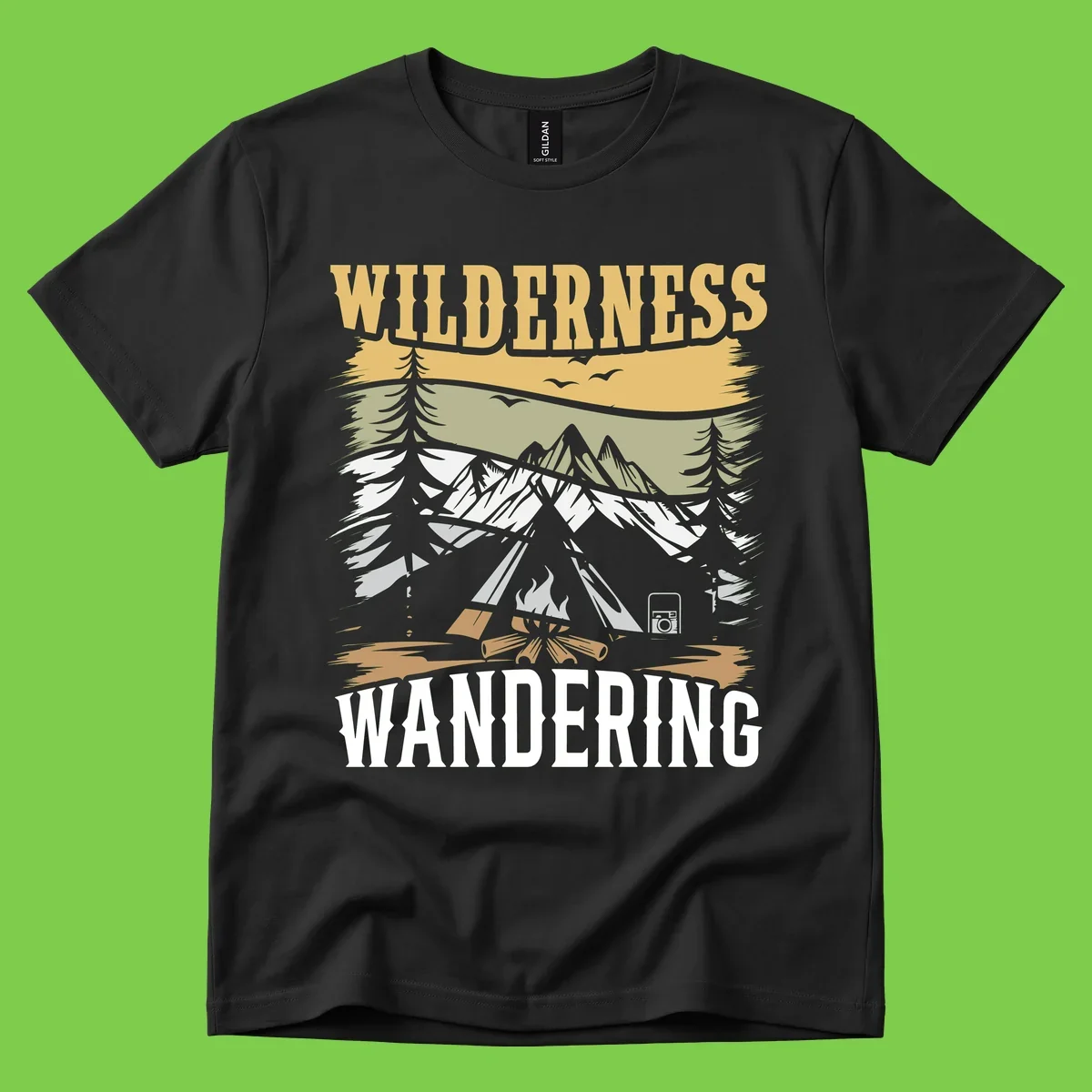 Vintage wilderness wandering design featuring snow mountains, tent, campfire, and evergreen trees with layered landscape bands
