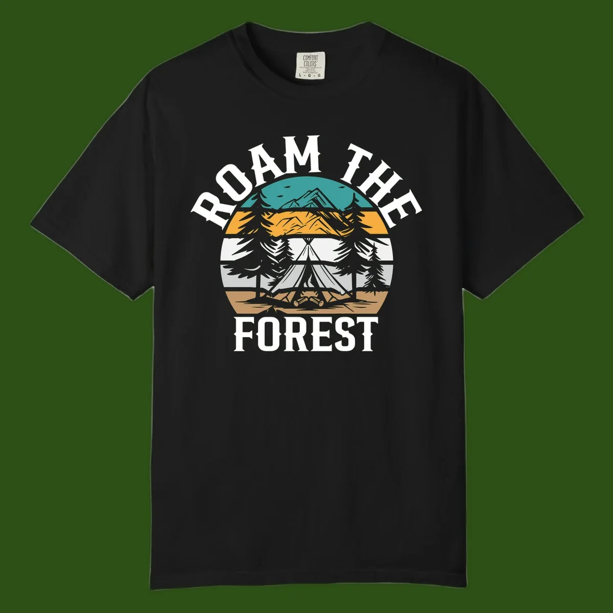 Roam the forest camping badge with tent, campfire, and layered landscape design in teal, gold, and white
