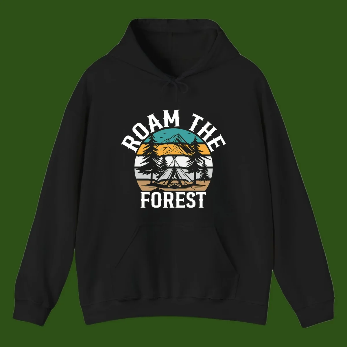 Roam the forest camping badge with tent, campfire, and layered landscape design in teal, gold, and white