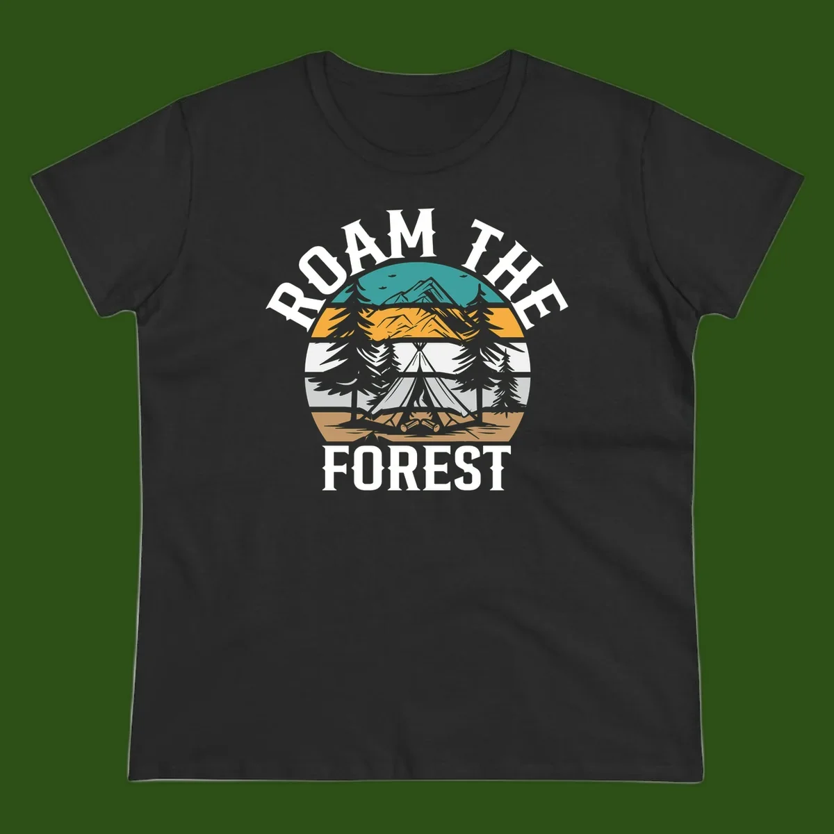 Roam the forest camping badge with tent, campfire, and layered landscape design in teal, gold, and white