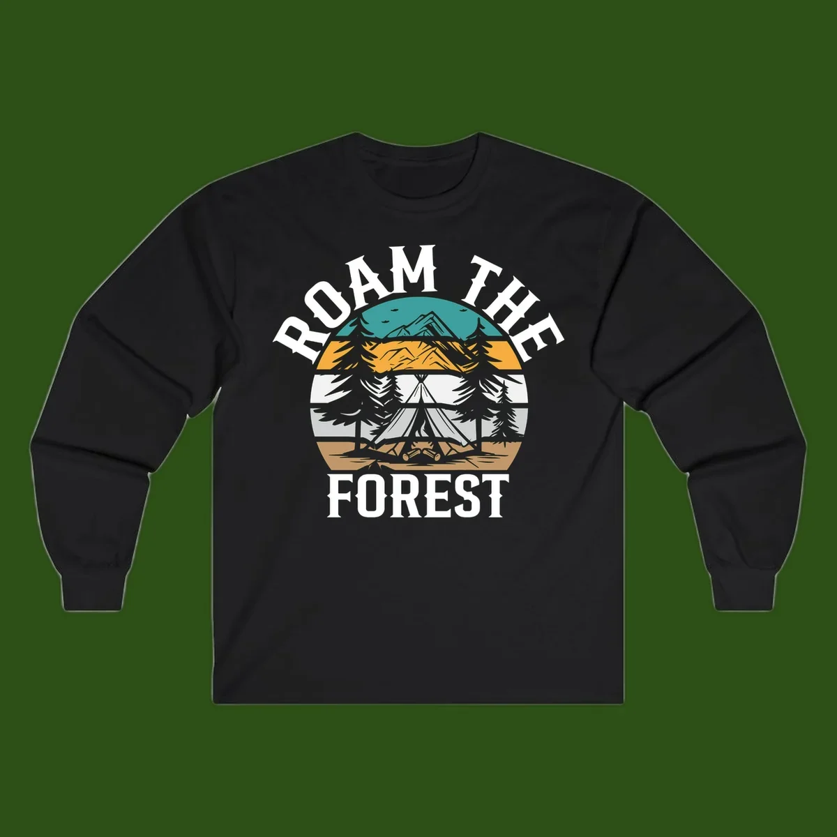 Roam the forest camping badge with tent, campfire, and layered landscape design in teal, gold, and white