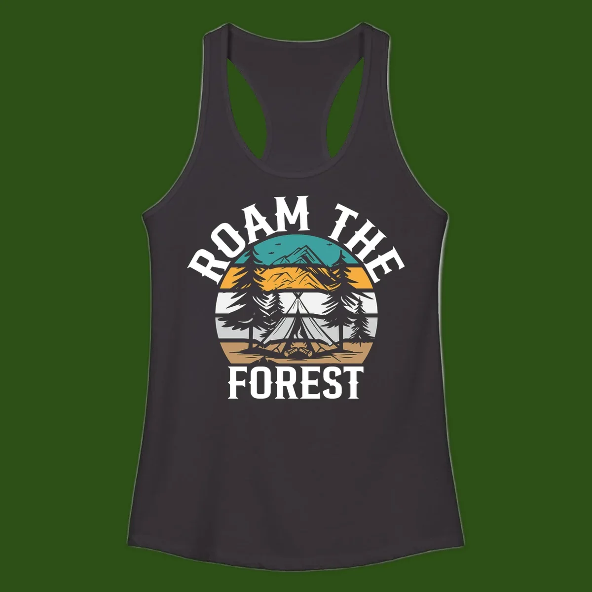 Roam the forest camping badge with tent, campfire, and layered landscape design in teal, gold, and white