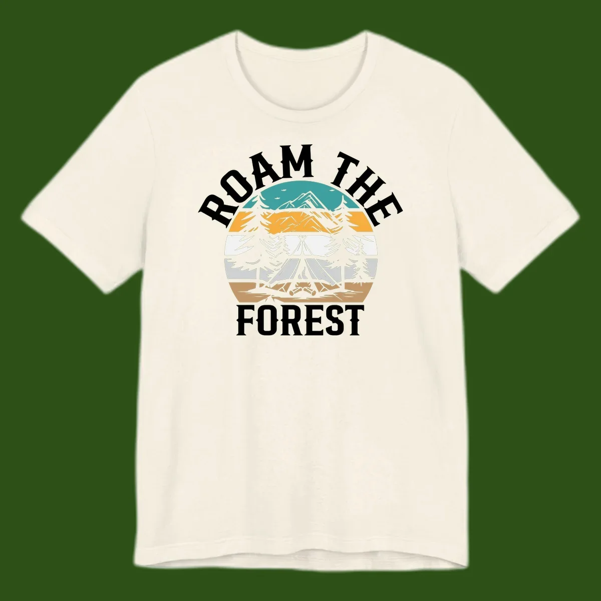 Roam the forest camping badge with tent, campfire, and layered landscape design in teal, gold, and white