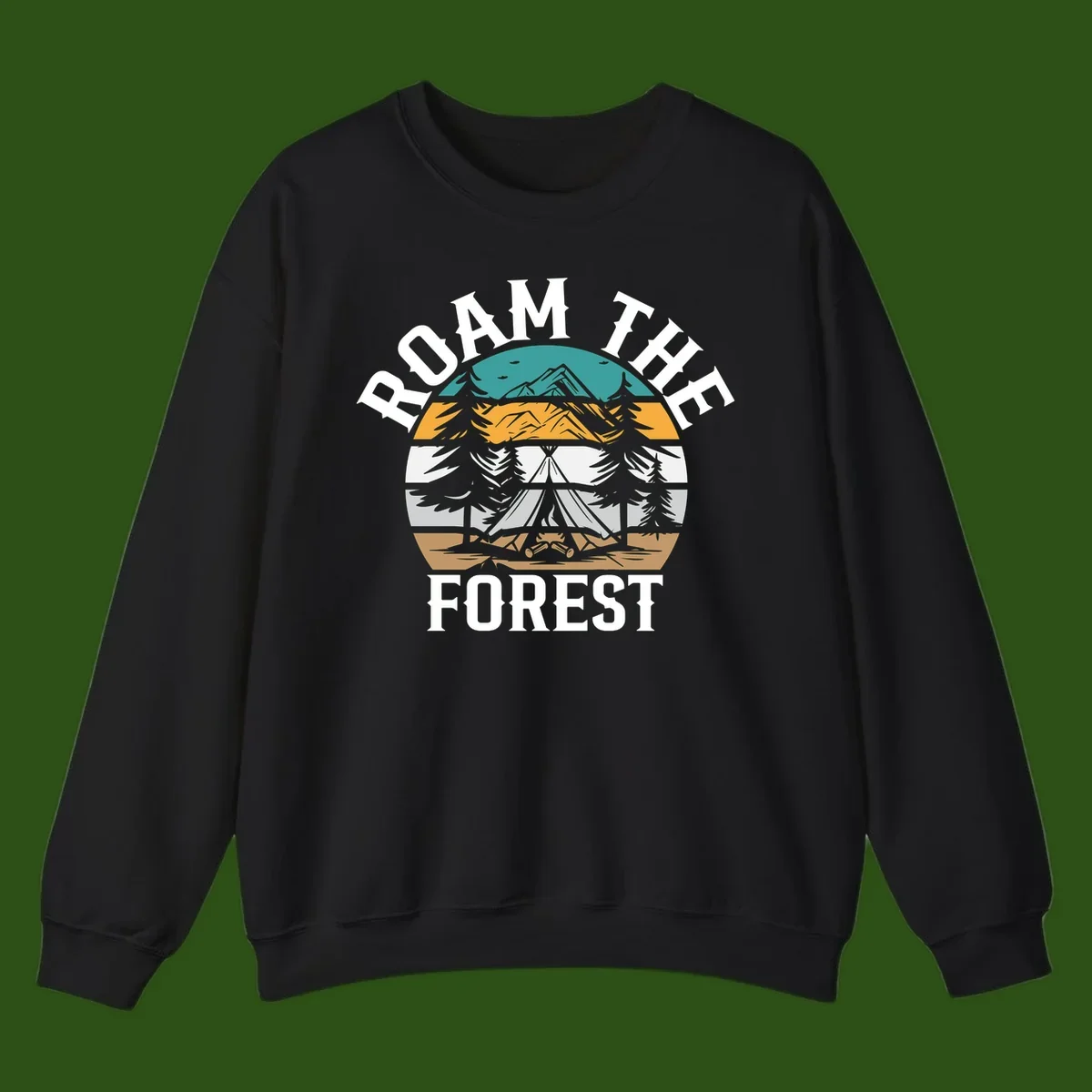 Roam the forest camping badge with tent, campfire, and layered landscape design in teal, gold, and white
