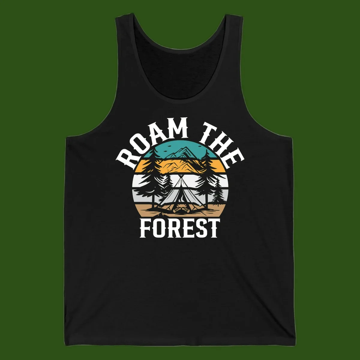 Roam the forest camping badge with tent, campfire, and layered landscape design in teal, gold, and white