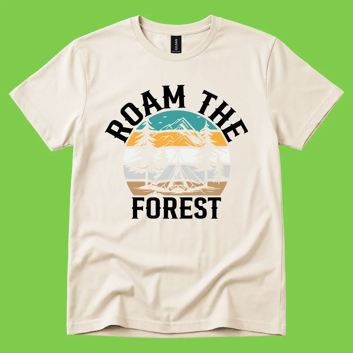 Roam the forest camping badge with tent, campfire, and layered landscape design in teal, gold, and white