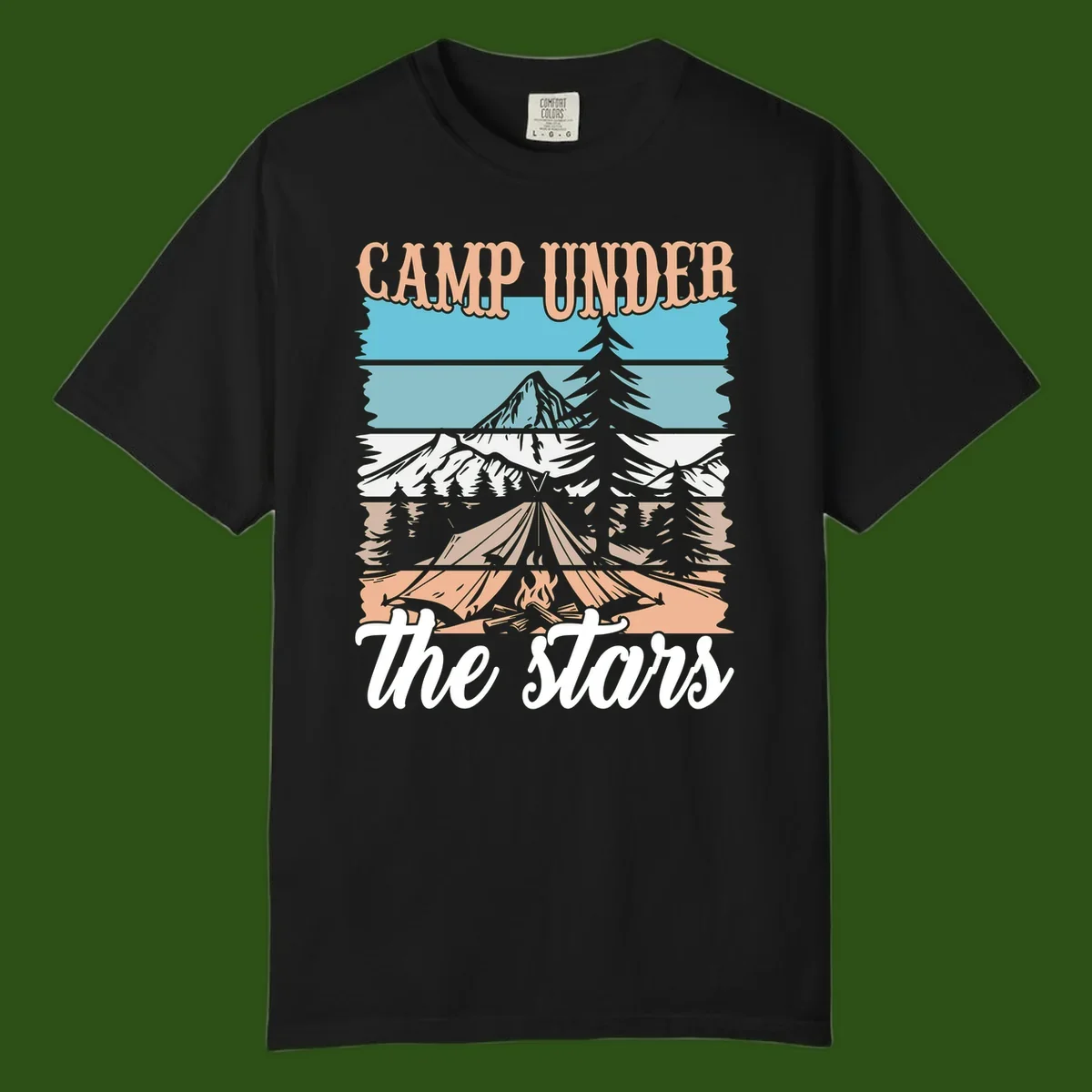 Layered camping scene illustration featuring campfire, tent, mountains, trees, and stars with 'Camp Under the Stars' text