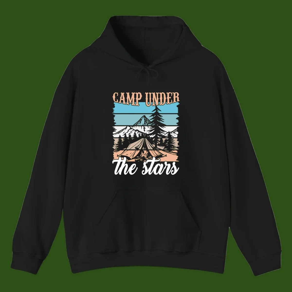 Layered camping scene illustration featuring campfire, tent, mountains, trees, and stars with 'Camp Under the Stars' text