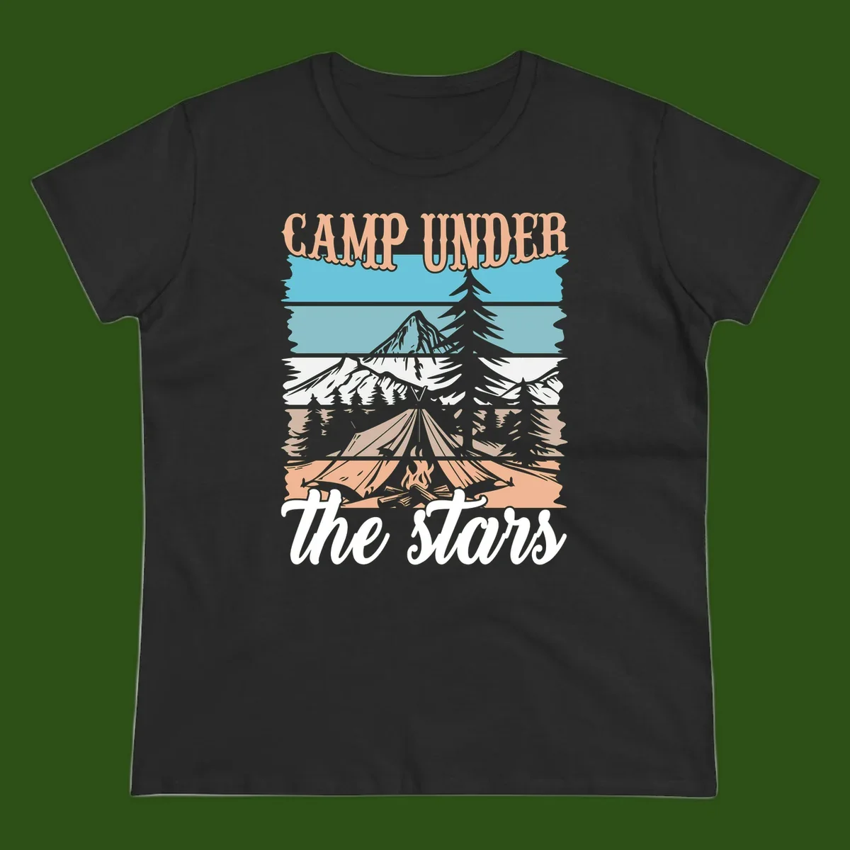 Layered camping scene illustration featuring campfire, tent, mountains, trees, and stars with 'Camp Under the Stars' text