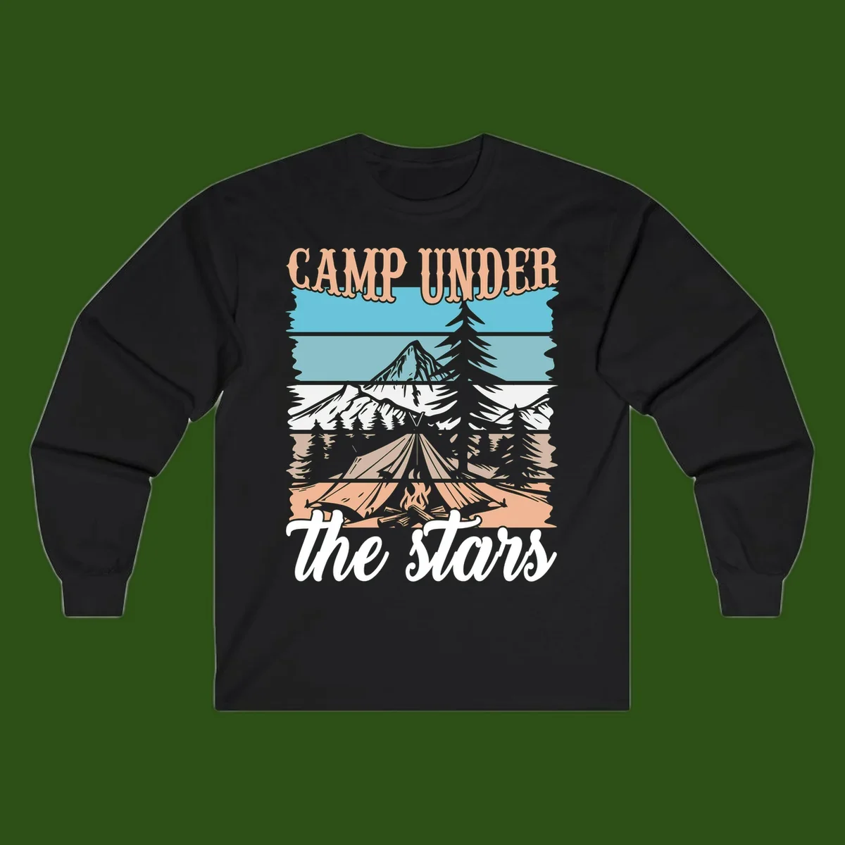Layered camping scene illustration featuring campfire, tent, mountains, trees, and stars with 'Camp Under the Stars' text
