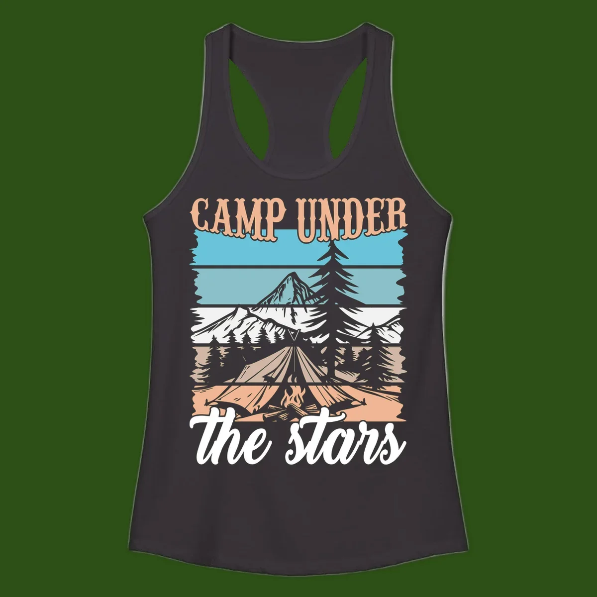 Layered camping scene illustration featuring campfire, tent, mountains, trees, and stars with 'Camp Under the Stars' text