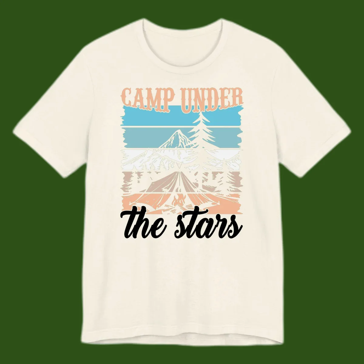 Layered camping scene illustration featuring campfire, tent, mountains, trees, and stars with 'Camp Under the Stars' text