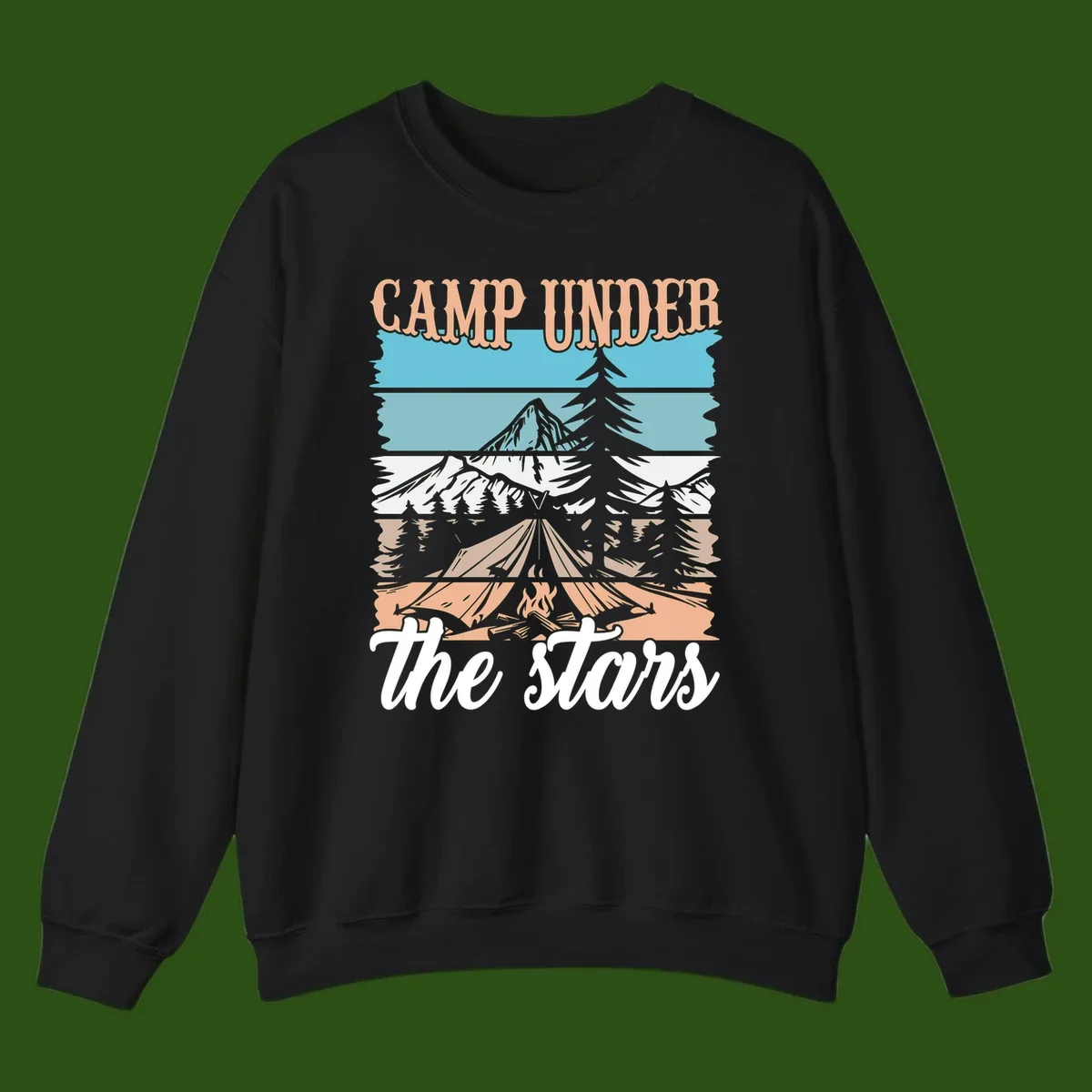 Layered camping scene illustration featuring campfire, tent, mountains, trees, and stars with 'Camp Under the Stars' text