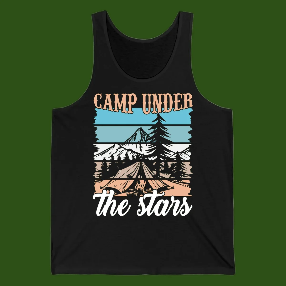 Layered camping scene illustration featuring campfire, tent, mountains, trees, and stars with 'Camp Under the Stars' text