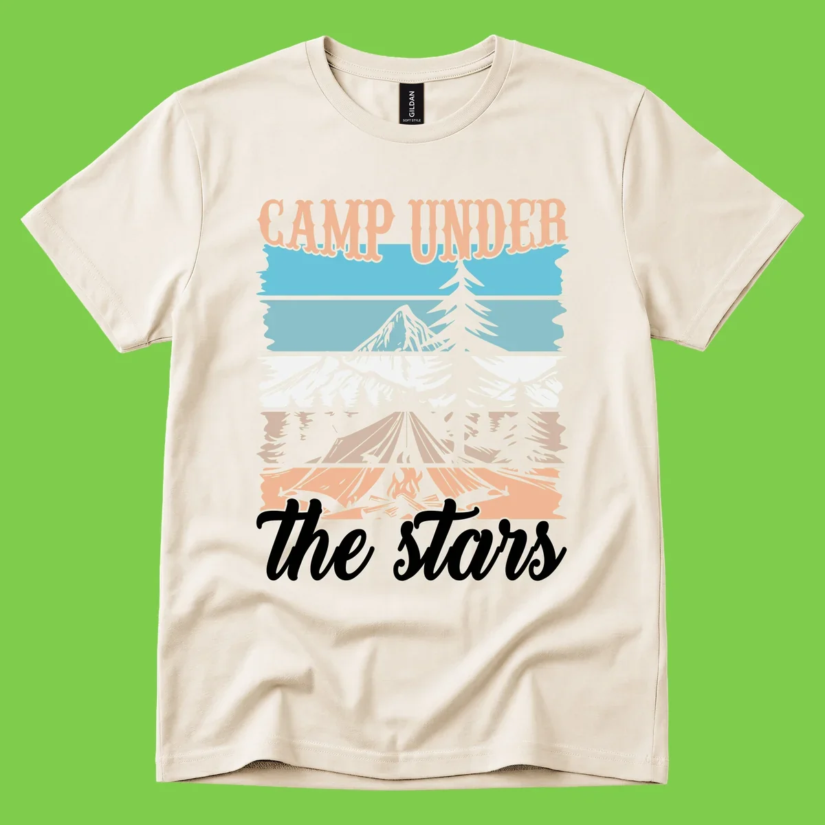 Layered camping scene illustration featuring campfire, tent, mountains, trees, and stars with 'Camp Under the Stars' text