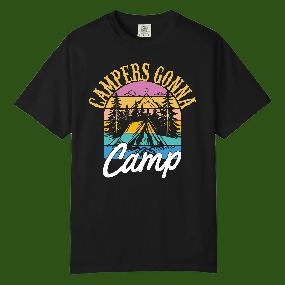 Retro sunset-striped camping design with layered trees, tent, and mountains in vintage 70s color palette