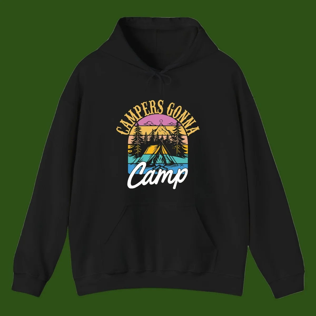 Retro sunset-striped camping design with layered trees, tent, and mountains in vintage 70s color palette