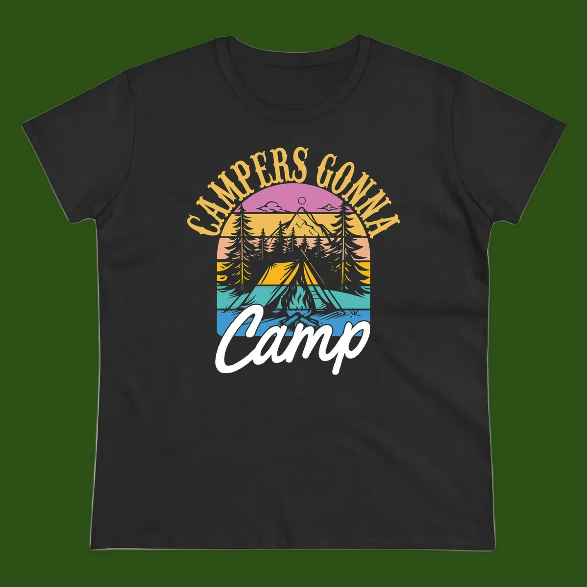 Retro sunset-striped camping design with layered trees, tent, and mountains in vintage 70s color palette