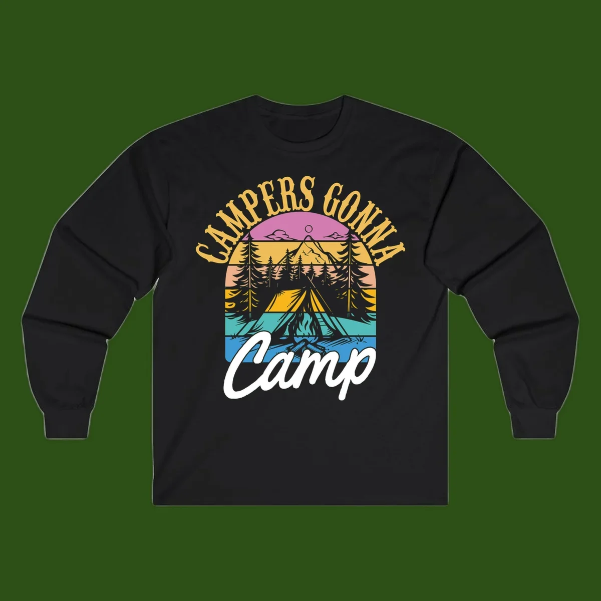 Retro sunset-striped camping design with layered trees, tent, and mountains in vintage 70s color palette