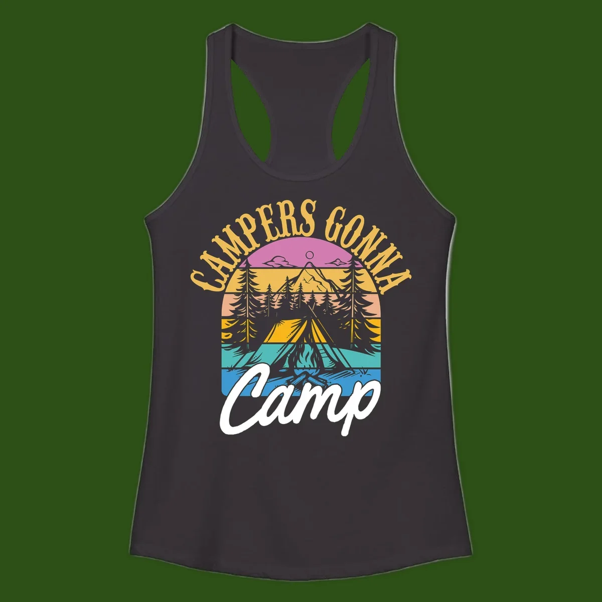 Retro sunset-striped camping design with layered trees, tent, and mountains in vintage 70s color palette