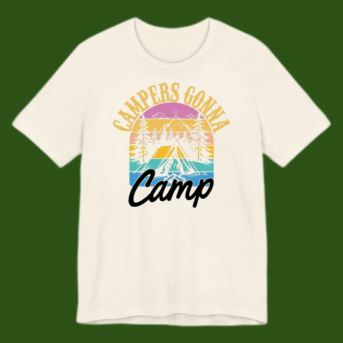 Retro sunset-striped camping design with layered trees, tent, and mountains in vintage 70s color palette