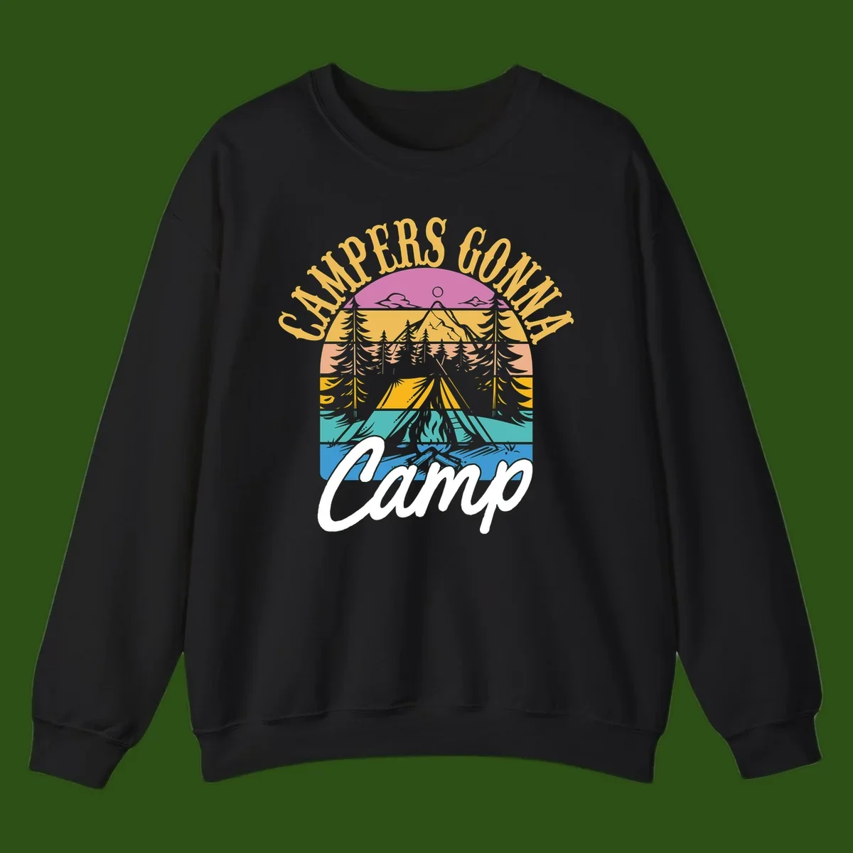 Retro sunset-striped camping design with layered trees, tent, and mountains in vintage 70s color palette