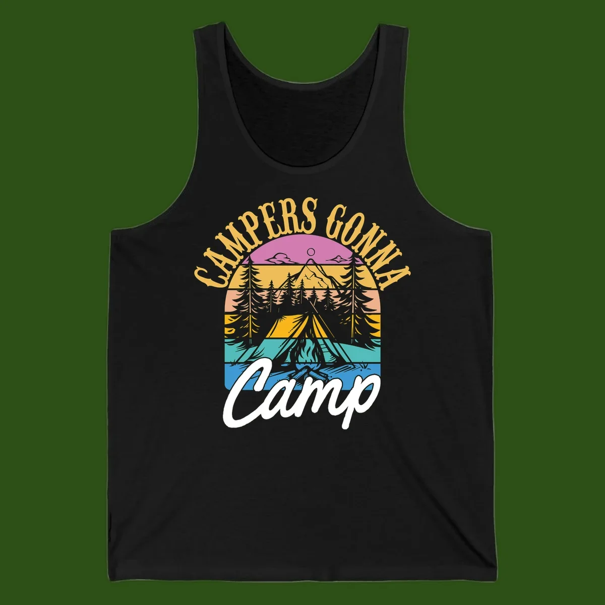 Retro sunset-striped camping design with layered trees, tent, and mountains in vintage 70s color palette