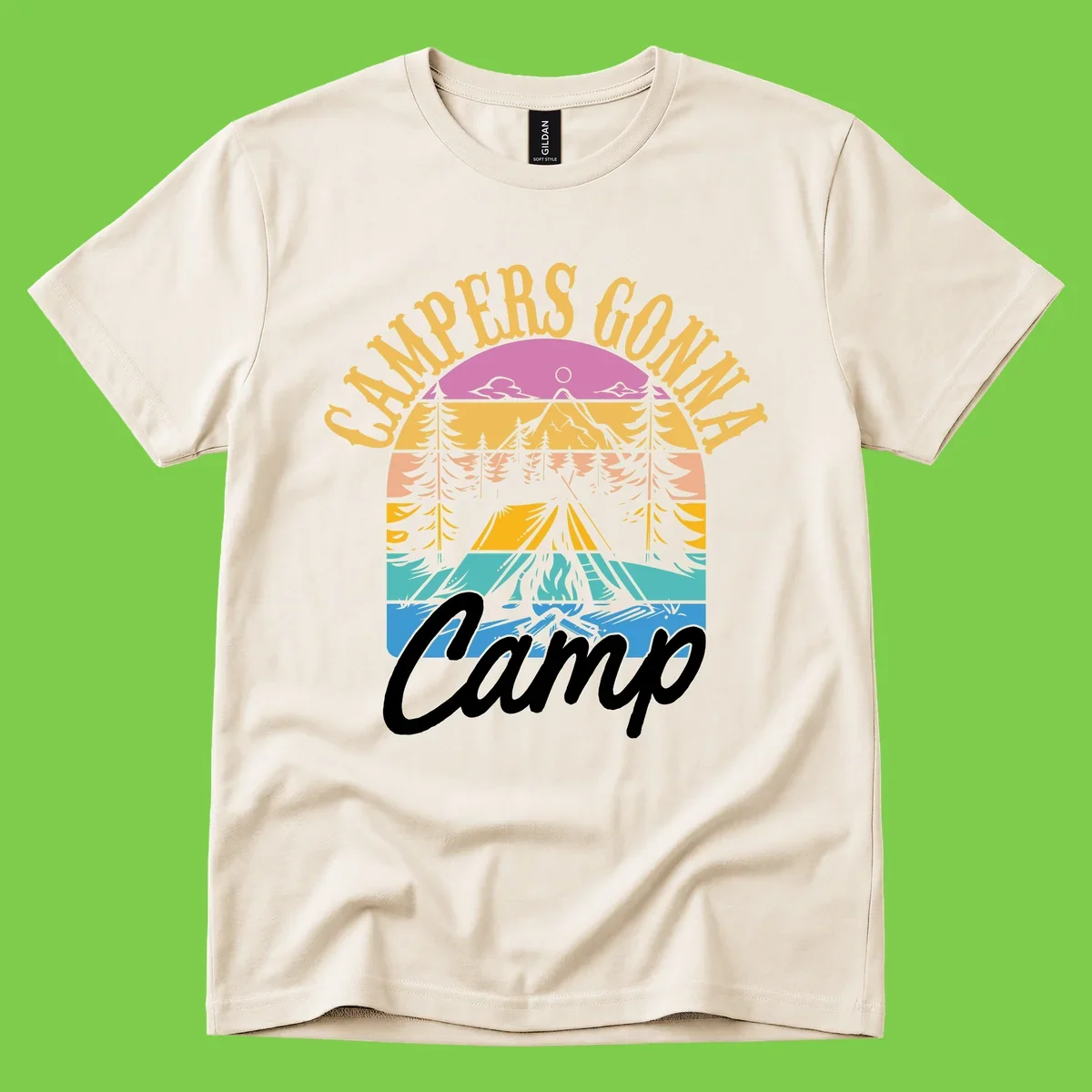 Retro sunset-striped camping design with layered trees, tent, and mountains in vintage 70s color palette
