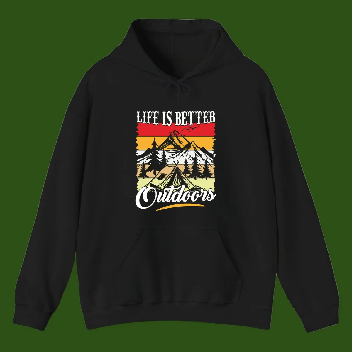 Life is better outdoors design featuring mountains, pine trees, tent and campfire across colorful horizontal stripes with white text