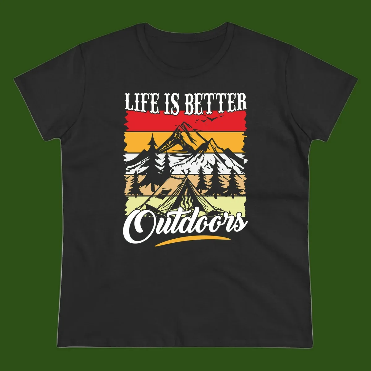 Life is better outdoors design featuring mountains, pine trees, tent and campfire across colorful horizontal stripes with white text