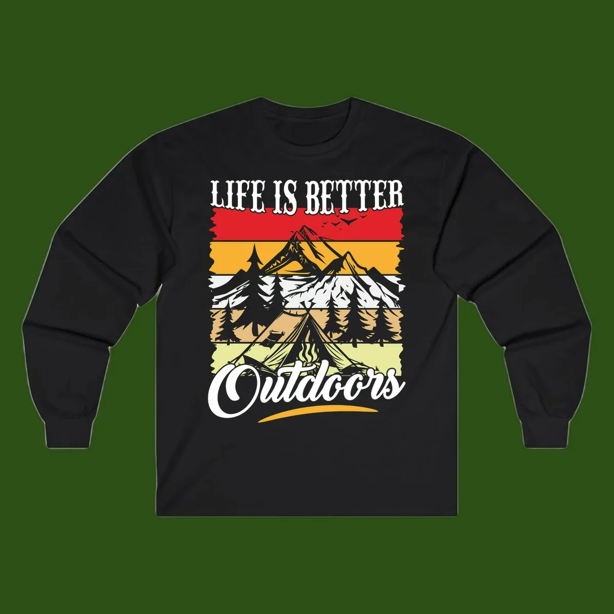 Life is better outdoors design featuring mountains, pine trees, tent and campfire across colorful horizontal stripes with white text