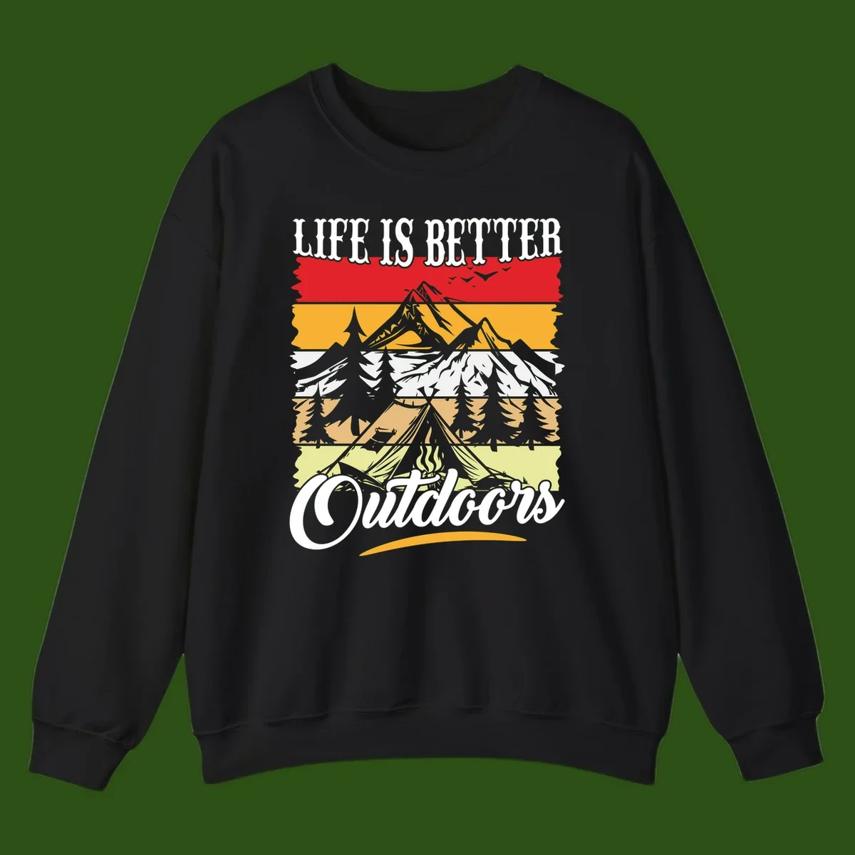 Life is better outdoors design featuring mountains, pine trees, tent and campfire across colorful horizontal stripes with white text