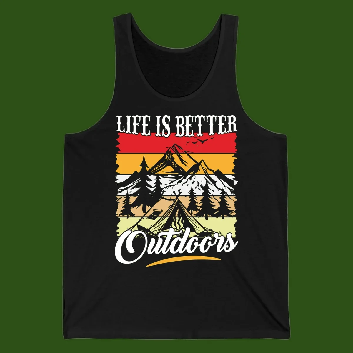 Life is better outdoors design featuring mountains, pine trees, tent and campfire across colorful horizontal stripes with white text
