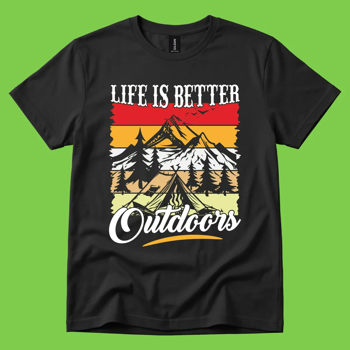 Life is better outdoors design featuring mountains, pine trees, tent and campfire across colorful horizontal stripes with white text