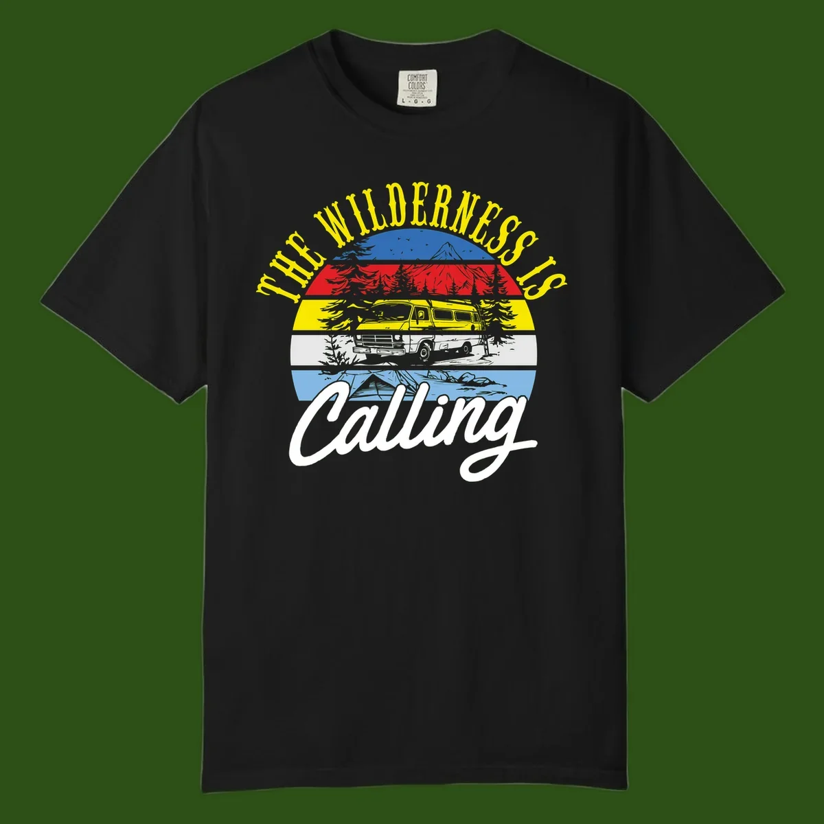 Wilderness is calling design with striped landscape, mountain, forest trees, and yellow camper van illustration