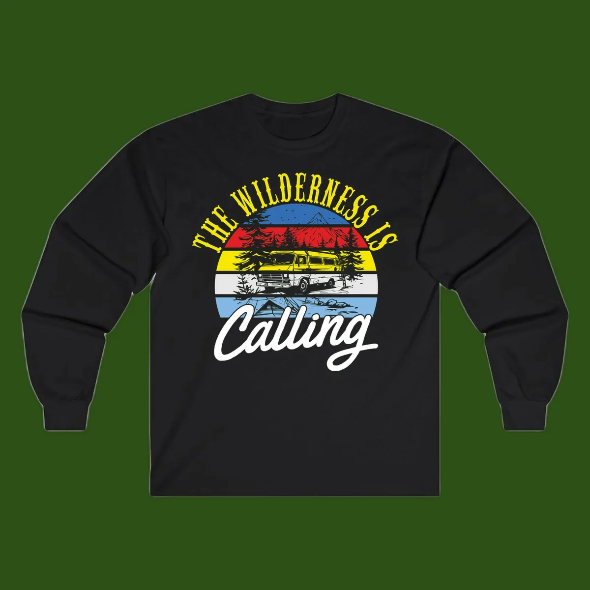 Wilderness is calling design with striped landscape, mountain, forest trees, and yellow camper van illustration