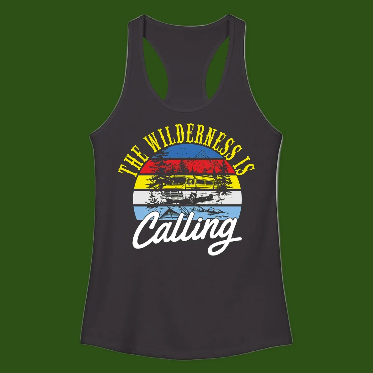 Wilderness is calling design with striped landscape, mountain, forest trees, and yellow camper van illustration