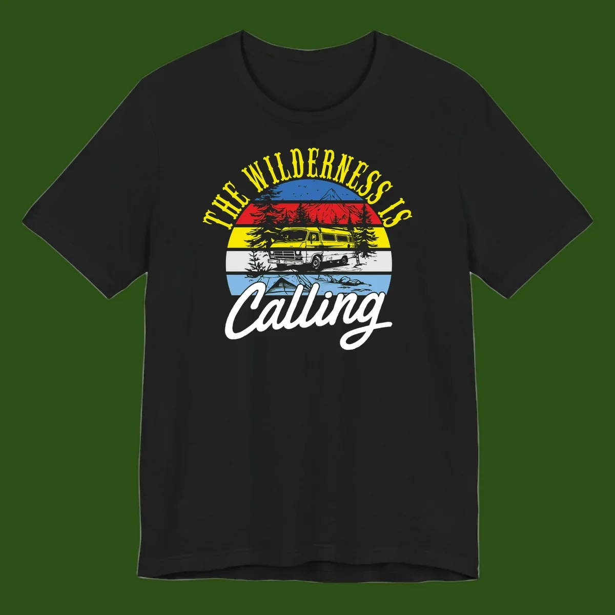 Wilderness is calling design with striped landscape, mountain, forest trees, and yellow camper van illustration