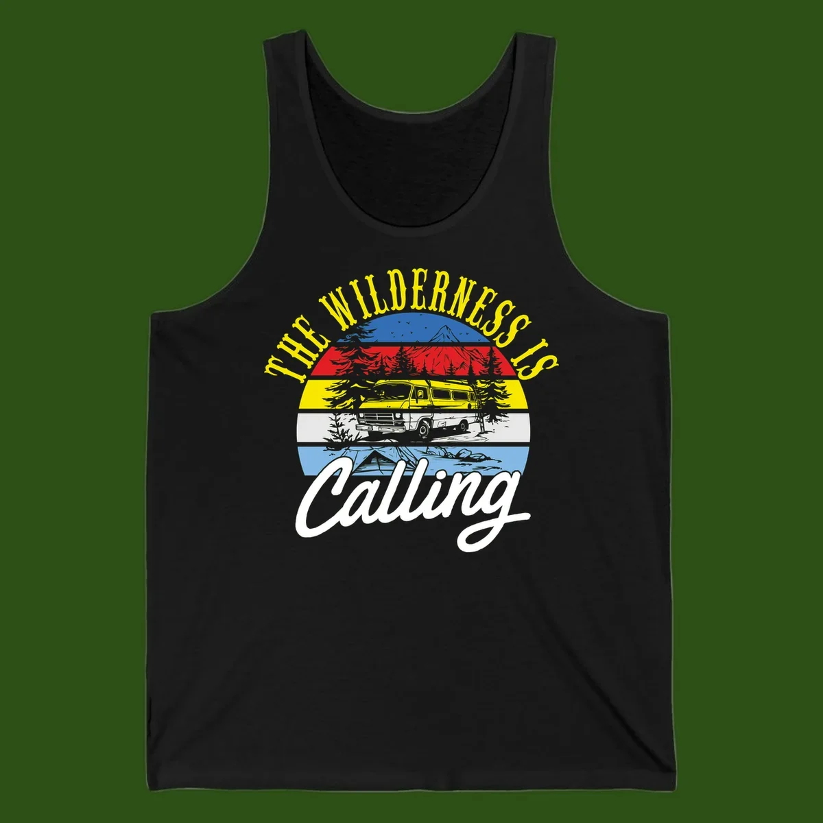 Wilderness is calling design with striped landscape, mountain, forest trees, and yellow camper van illustration