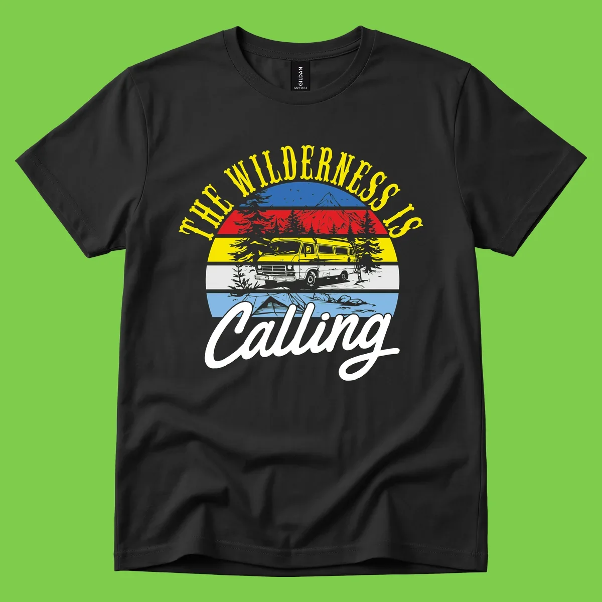 Wilderness is calling design with striped landscape, mountain, forest trees, and yellow camper van illustration