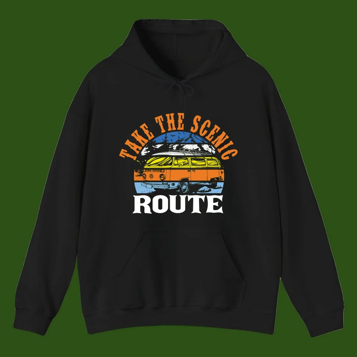 Stacked illustration showing mountain peak, kayak, VW camper bus, and vintage car with 'Hike The Seven Route' text for adventure travel apparel.