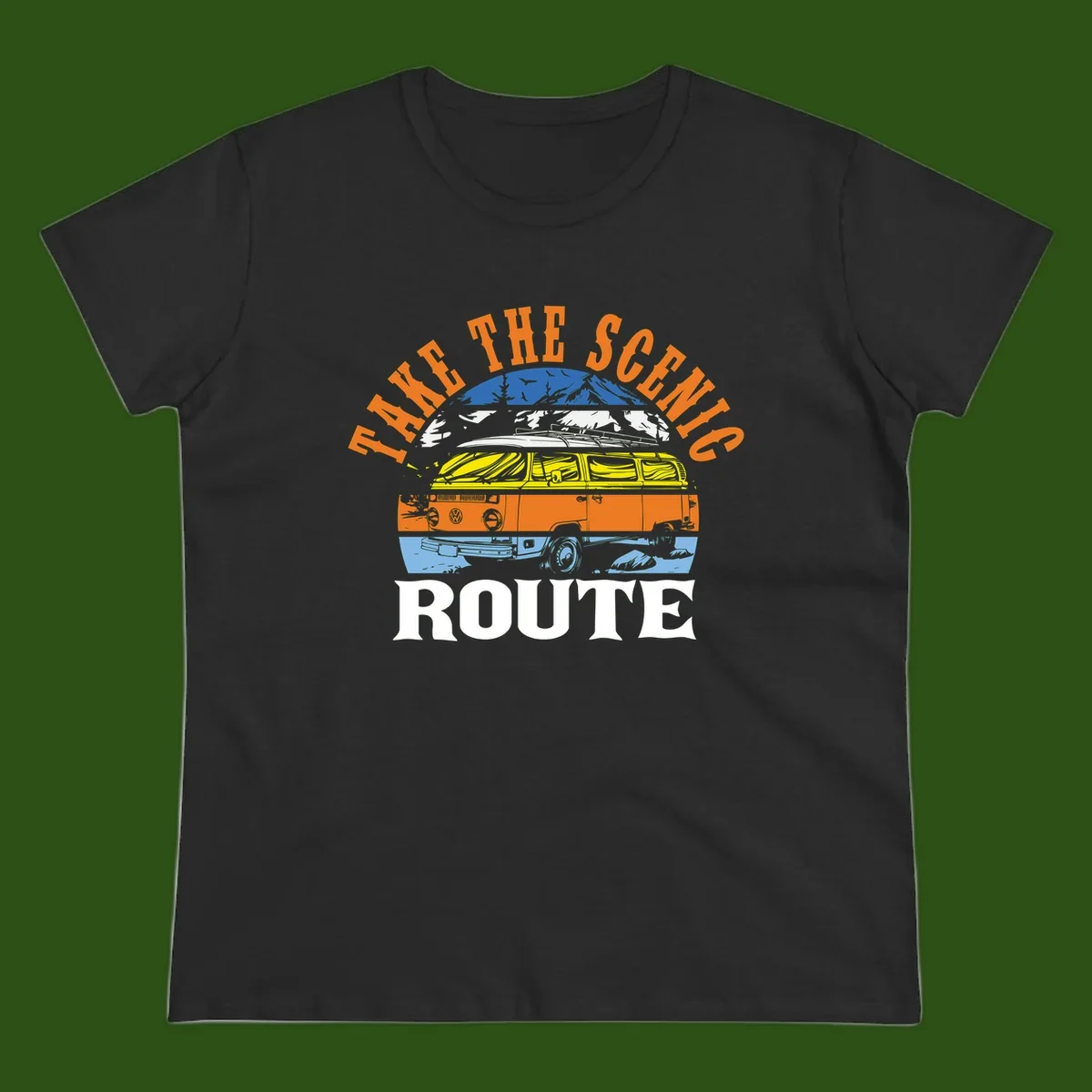 Stacked illustration showing mountain peak, kayak, VW camper bus, and vintage car with 'Hike The Seven Route' text for adventure travel apparel.