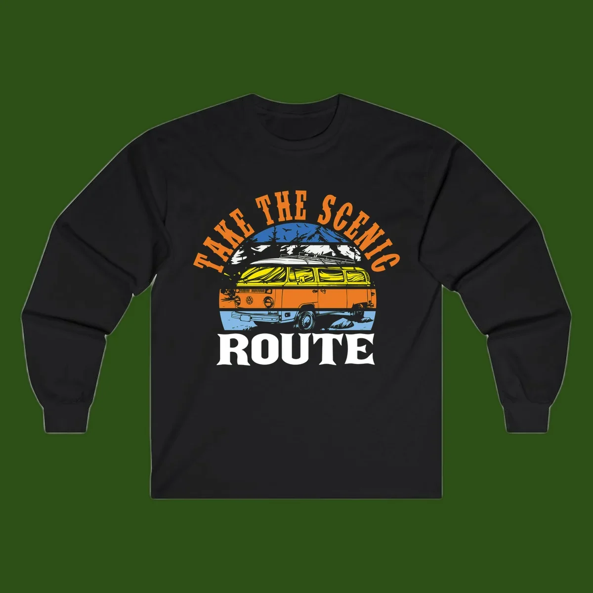 Stacked illustration showing mountain peak, kayak, VW camper bus, and vintage car with 'Hike The Seven Route' text for adventure travel apparel.