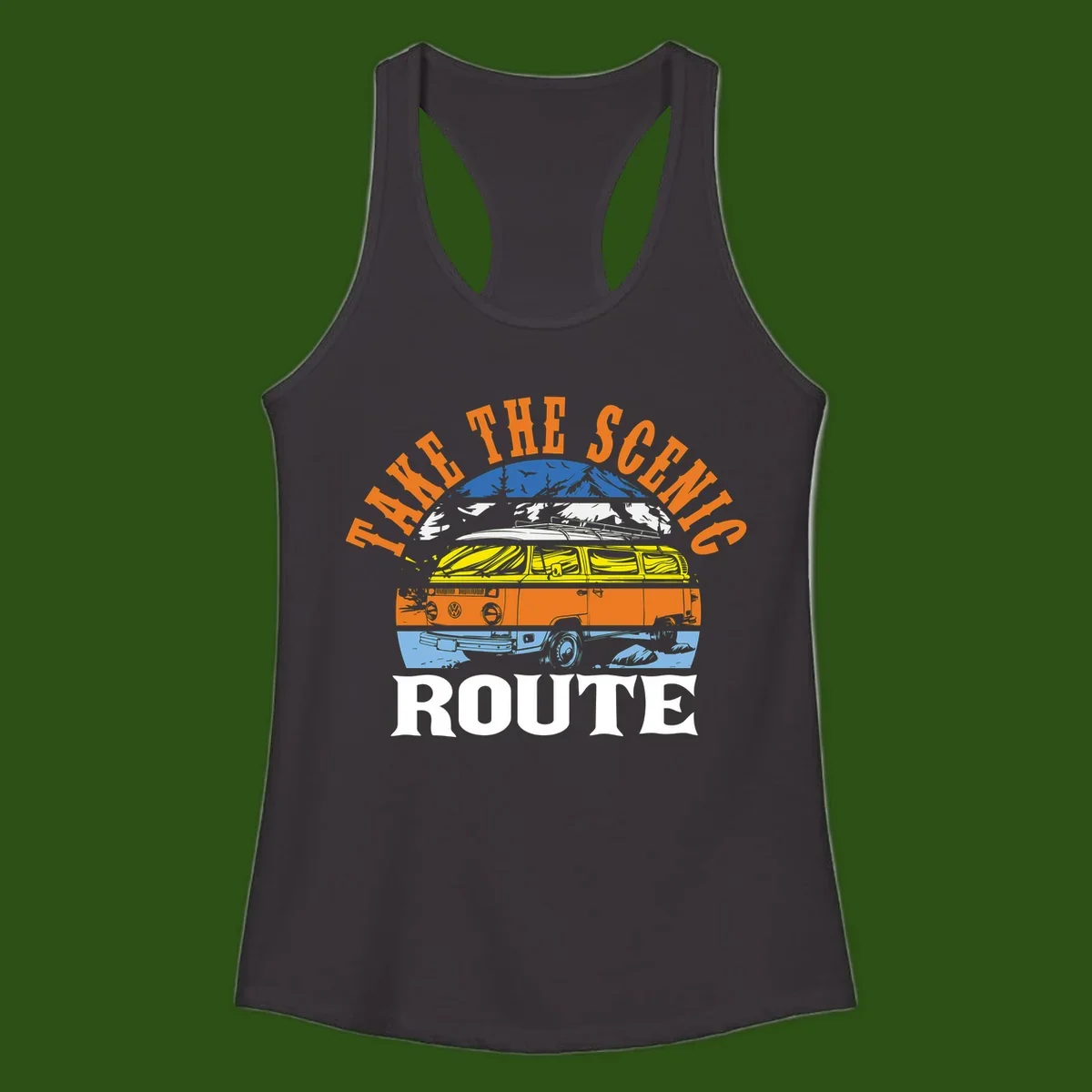 Stacked illustration showing mountain peak, kayak, VW camper bus, and vintage car with 'Hike The Seven Route' text for adventure travel apparel.