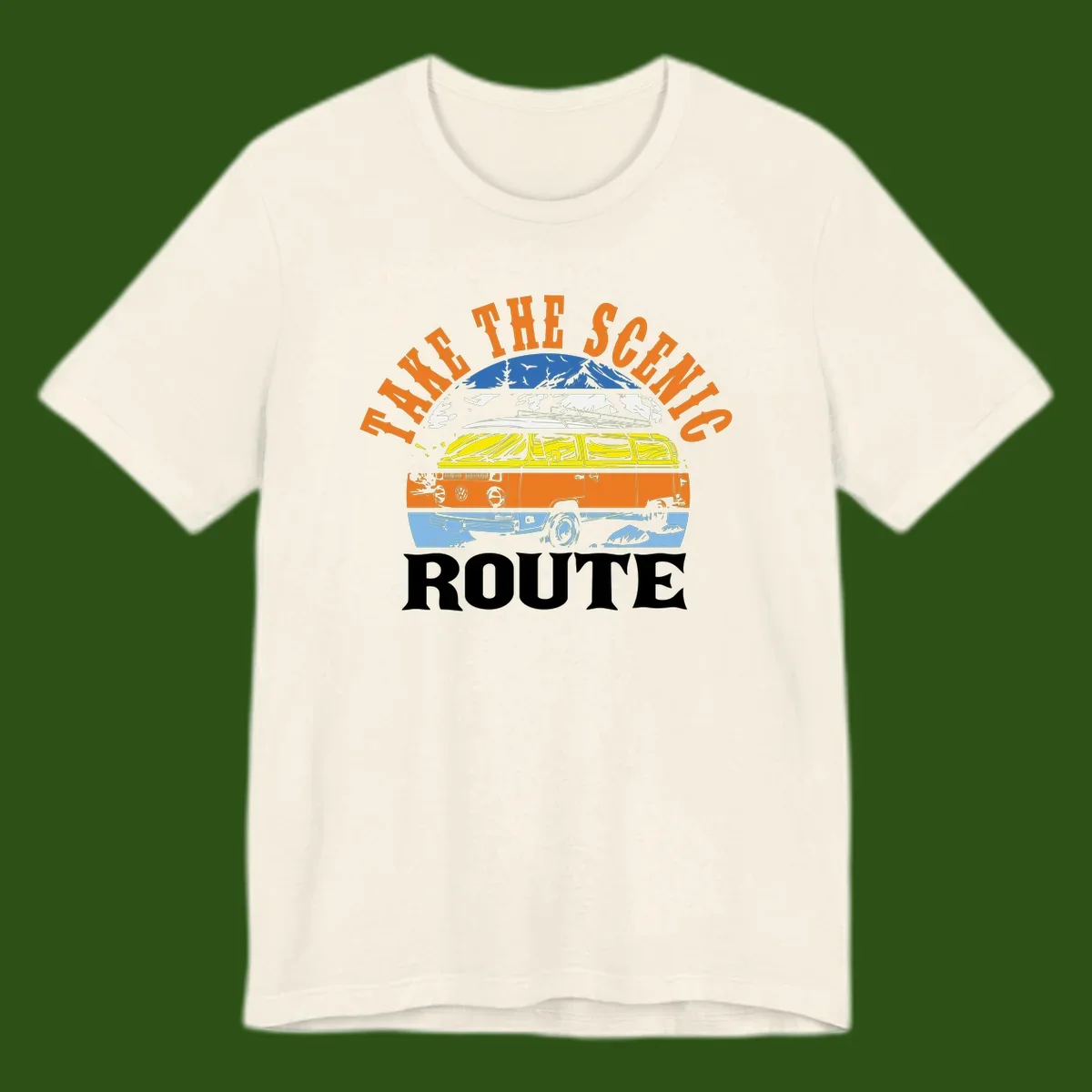 Stacked illustration showing mountain peak, kayak, VW camper bus, and vintage car with 'Hike The Seven Route' text for adventure travel apparel.