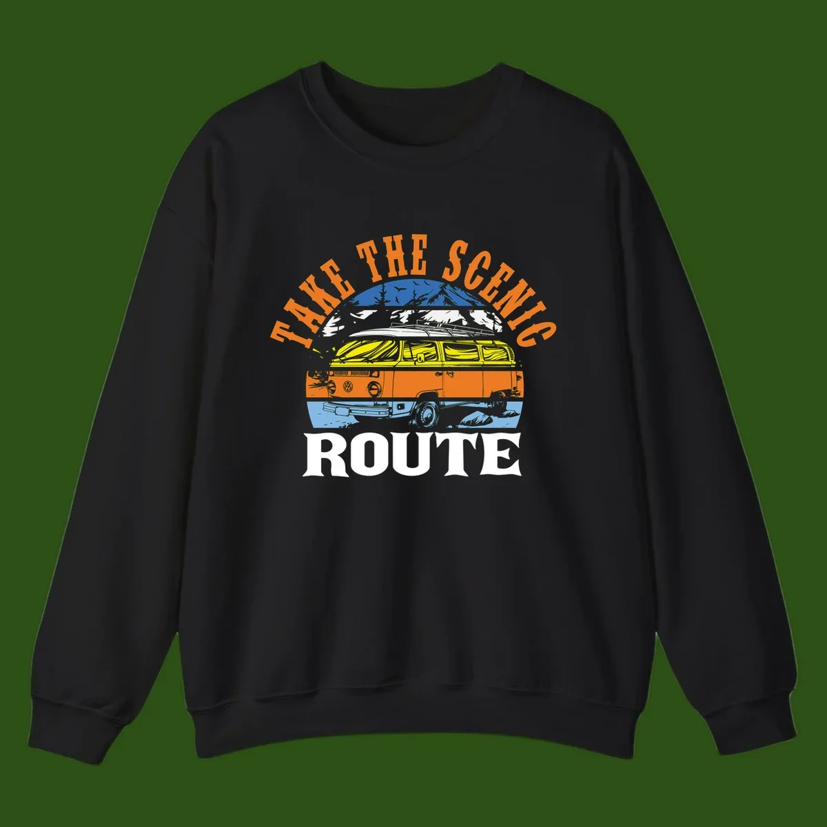Stacked illustration showing mountain peak, kayak, VW camper bus, and vintage car with 'Hike The Seven Route' text for adventure travel apparel.