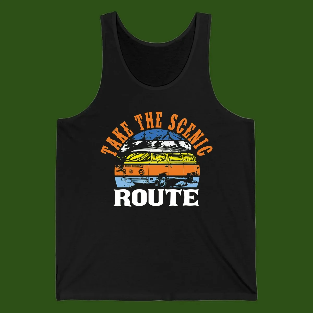 Stacked illustration showing mountain peak, kayak, VW camper bus, and vintage car with 'Hike The Seven Route' text for adventure travel apparel.